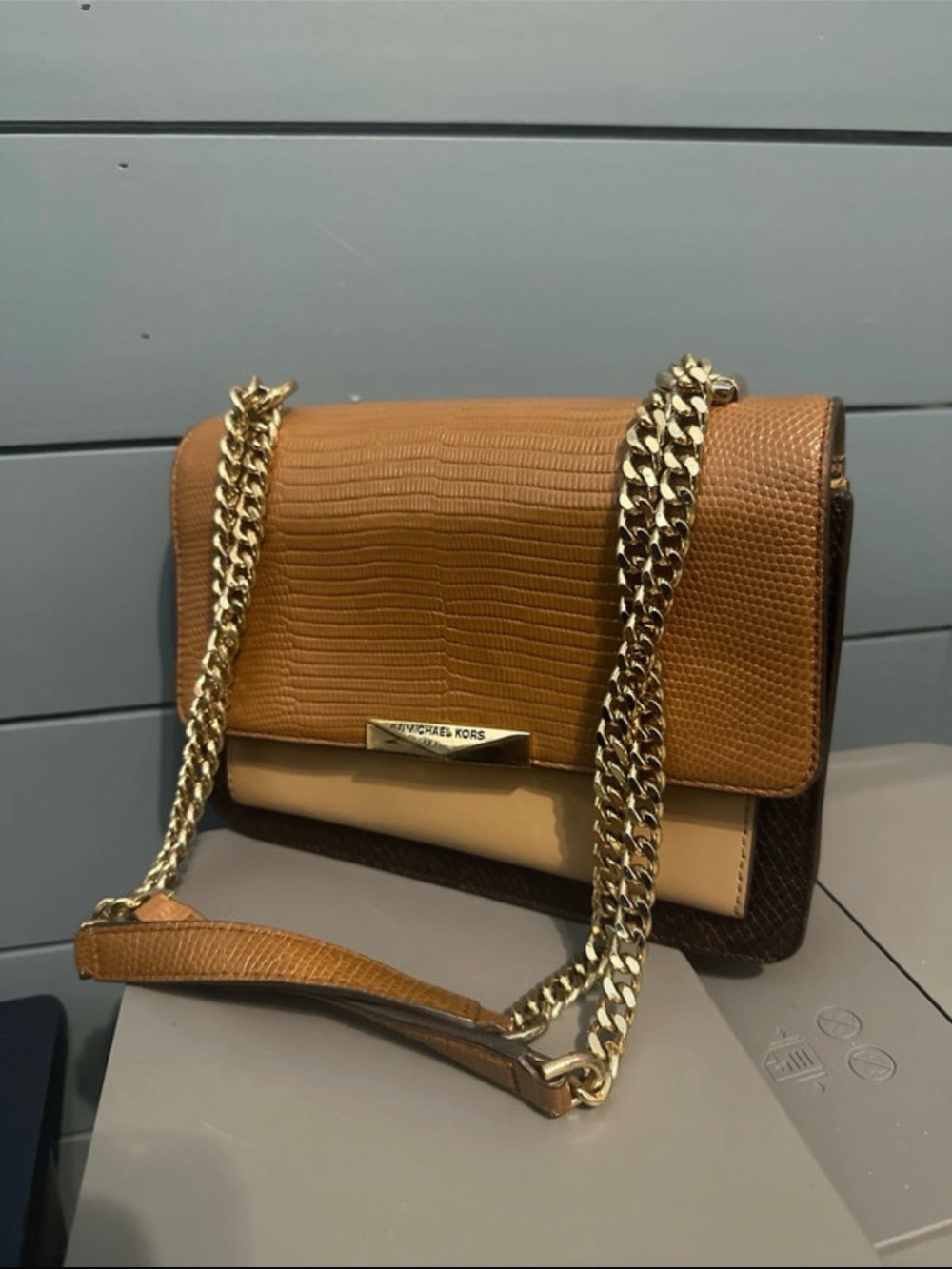 Michael Kors Pebbled Tan & Beige Leather Chain Shoulder Bag